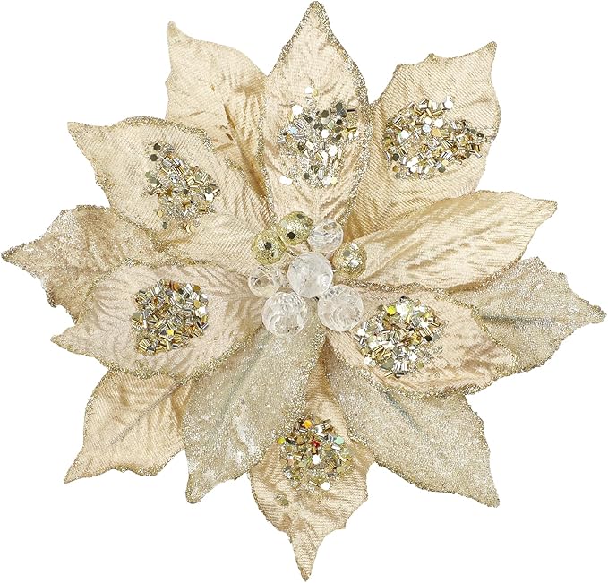 4 Pcs Poinsettia Artificial Christmas Flowers - 11.8" Christmas Flower Picks Large Champagne Gold Glitter Ornaments Silk Floral Stems for Xmas Tree Decoration Wreath Garland Fireplace Stairs Decor