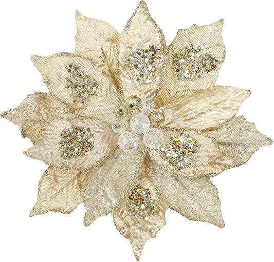 4 Pcs Poinsettia Artificial Christmas Flowers - 11.8" Christmas Flower Picks Large Champagne Gold Glitter Ornaments Silk Floral Stems for Xmas Tree Decoration Wreath Garland Fireplace Stairs Decor