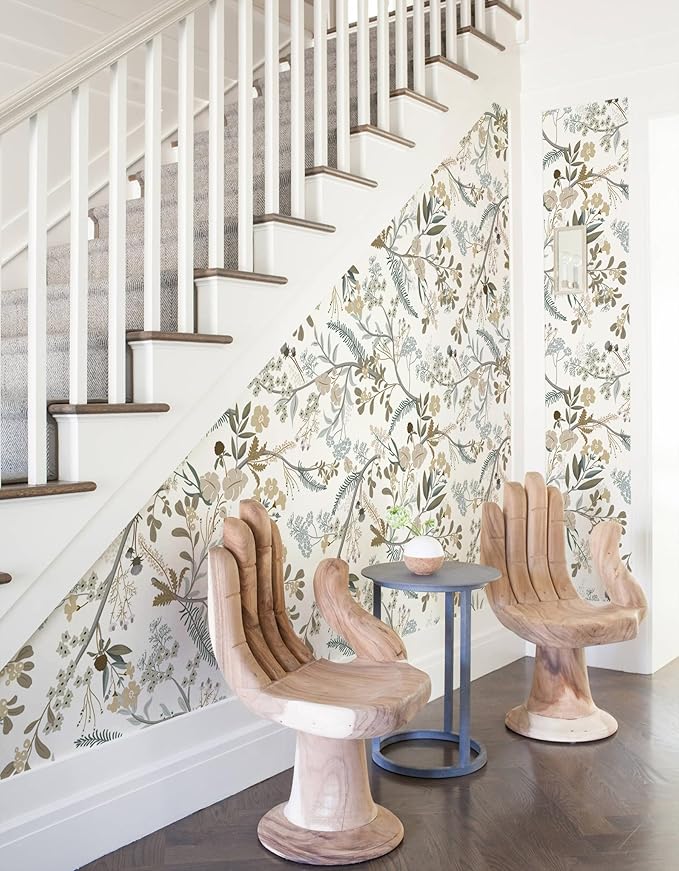 Guvana 16.14"x197" Floral and Leaf Wallpaper Floral Peel and Stick Wallpaper Leaves Contact Paper Colorful Flowers Removable Wall Paper for Room Wall Decor（Off-White Background）