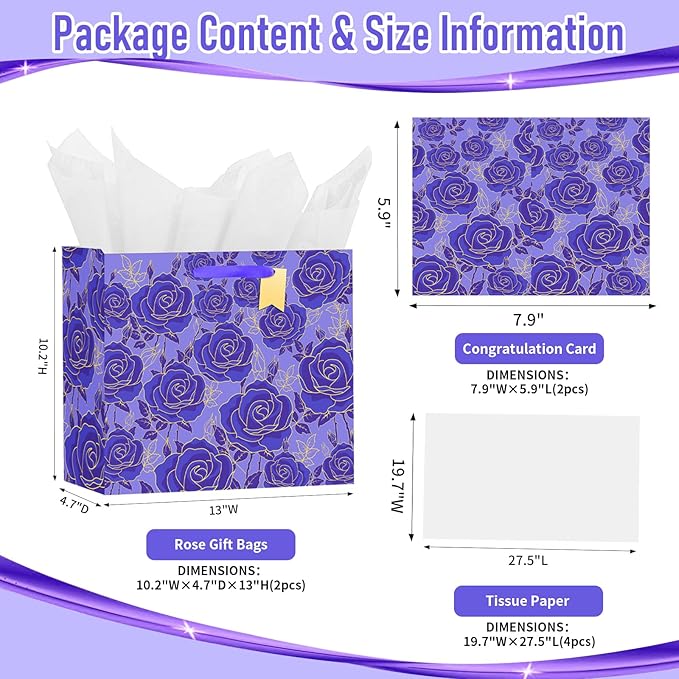 Bloomwords 13" Mother’s Day Gift Bags with Card Tissue(Rose Flower) - Birthdays, Valentine’s, Weddings, Anniversaries, Kit includes Card and Tissue Paper (Purple, 2 Piece)