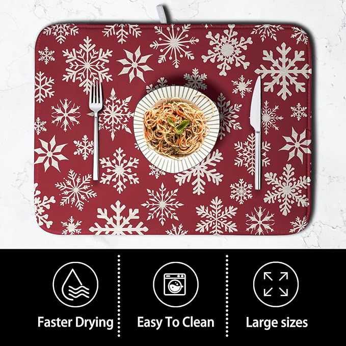 Christmas Snowflakes Dish Drying Mat for Kitchen Counter 16x18 Inch Red White Winter Xmas Pattern Dish Drying Pad for Dishes Microfiber Absorbent Dish Drainer Rack Mats for Countertop