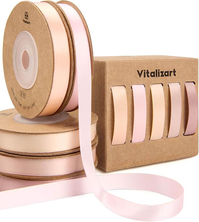 Vitalizart Ribbons for Crafts 3/8" x 50 Yd Satin Ribbon Double Face Gift Wrapping Silk Like Fabric Flower Bouquet Birthday Party Decorations Bridal Shower Wreath Hair Continuous Pink Nude Rose Tan