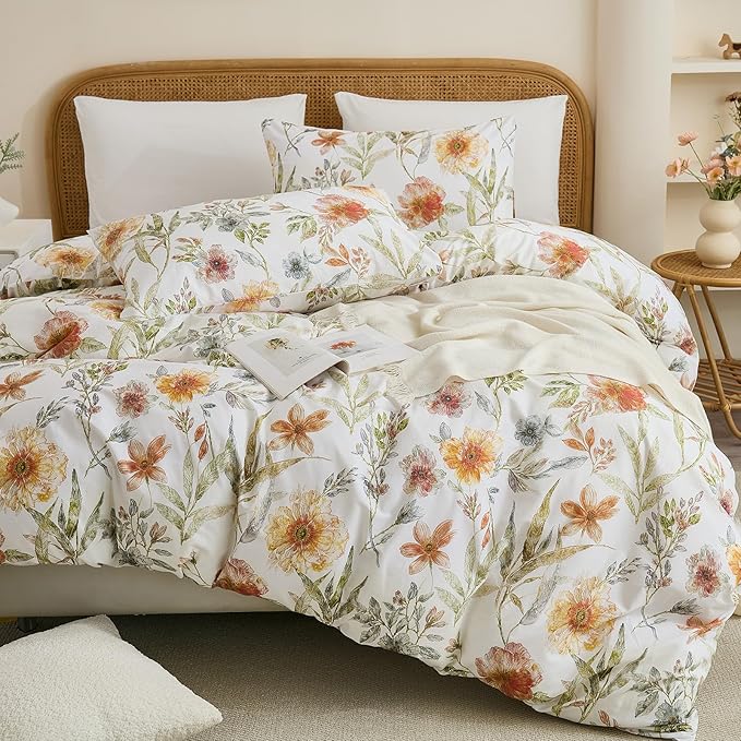 100% Cotton Duvet Cover King Size – Elegant Natural Yellow Floral Duvet Cover Set with Zipper Closure, 3-Piece Soft Breathable Durable Percale Cotton Bedding Set for All Seasons