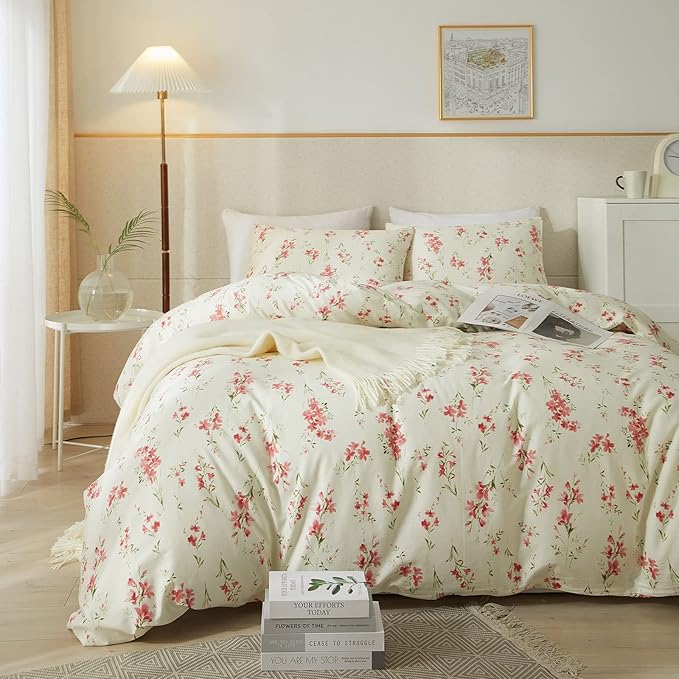 VM VOUGEMARKET Vintage Pink Flower Comforter Set Full Soft Cream Comforter Chic Floral Printed Bedding Set Vintage Botanical Comforter Set for Teen Girls 80x90 Inch