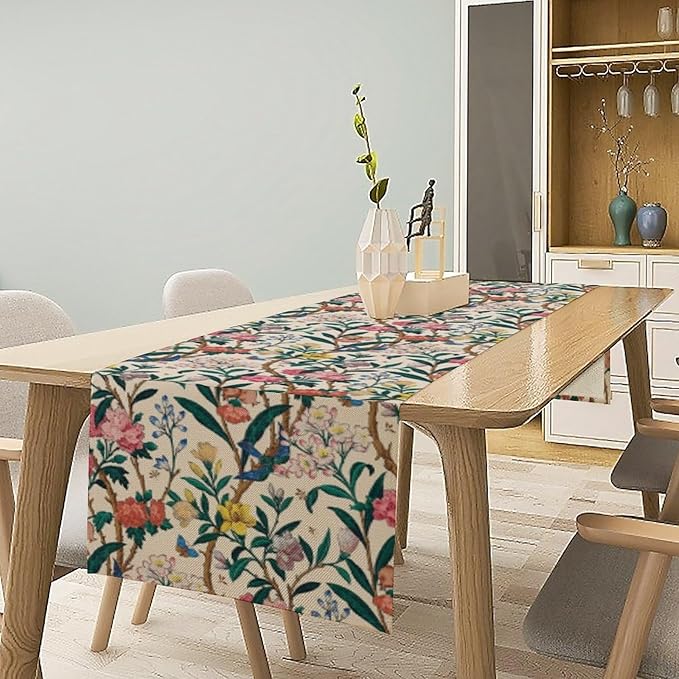 William Morris Vintage Floral Table Runner, Birds Butterflies and Bees Botanical Flower Original Design Print Table Runner for Home Party Dining Room Kitchen Decor 13x90 Inch