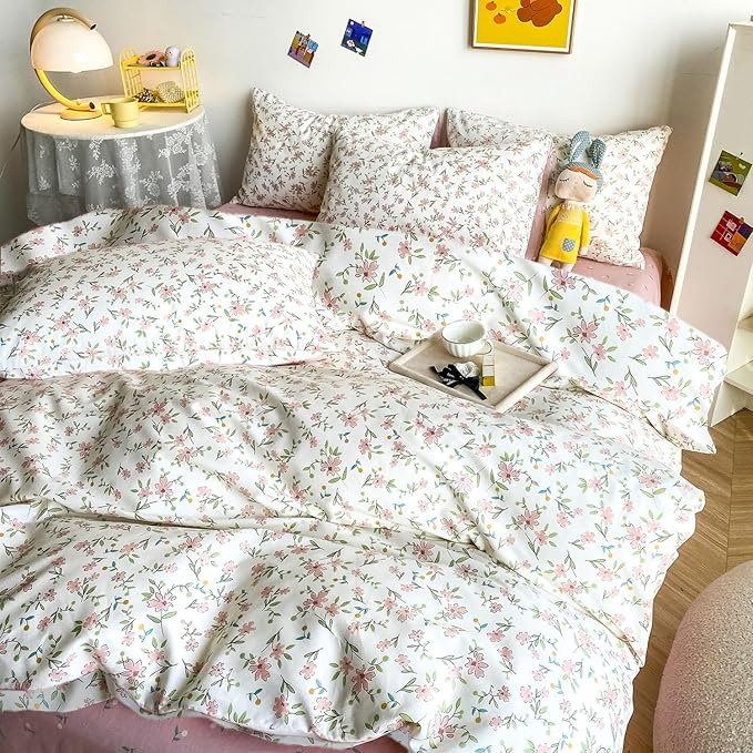 LifeTB 3 Pieces Girls Floral Comforter Set Twin XL Pink Flower Bedding Comforter with 2 Pillowcases Fluffy Cozy Cottagecore Bedding Boho Farmhouse Vintage Botanical Comforter Set for All Seasons