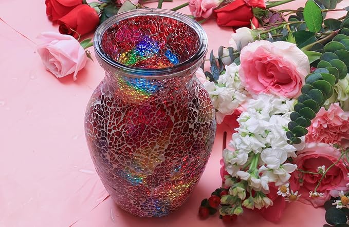 8" H Red Mosaic Glass Vase,Decor Home Modern Midsize Mosaic Flower Vase for Bedroom Livingroom Kitchen Office Wedding,Unique Gift