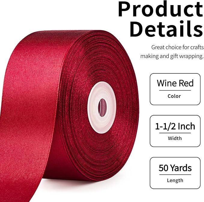 1-1/2 Inch Wide Wine Red Satin Ribbon, 50 Yards Solid Polyester Fabric Ribbon for Roses Making, Gift Wrapping, Christmas, Wedding Decorations, Crafts, Bows