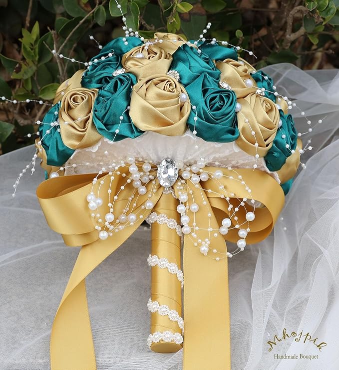 Bridal Wedding Bouquet Round Bling Brooch Bouquet Throw Toss Artificial Rose Flower Bunch for Bride Bridesmaid Wedding Quinceanera(Dark Green & Gold, 6.3")