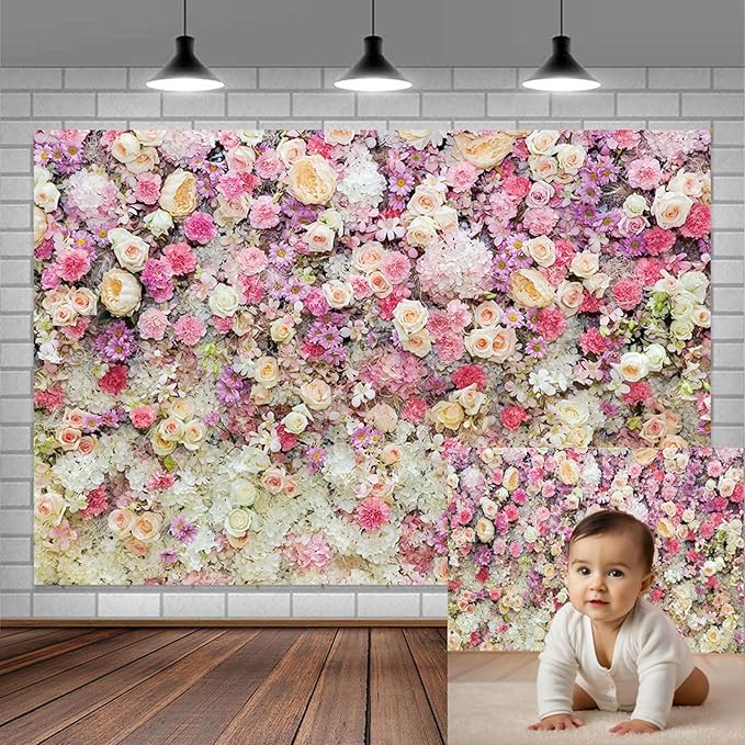 15x10ft Pink Rose Floral Flower Wall Backdrop Girls Wedding Birthday Bridal Shower Kids Portrait Background Photoshoot Cake Table Tea Party Photoshoot Decorations Photo Studio Props