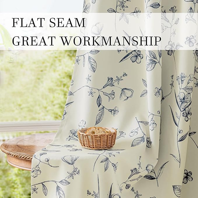 ChrisDowa Beige 100% Blackout Curtains 72 Inches Long 2 Panels for Bedroom Living Room Navy Blue Flower Patterned Room Darkening Thermal Insulated Soundproof Grommet Window Treatments Drapes,52X72