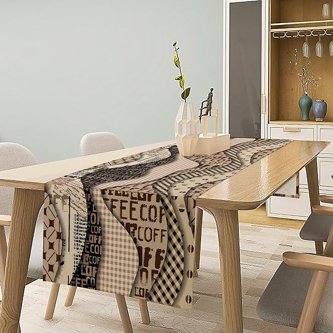 Coffee Theme Table Runner Abstract Geometric Modern Coffee Beans Dinner Runner Table Decoration for Farmhouse Cabin Home Kitchen Dining Holiday Party 13x120in