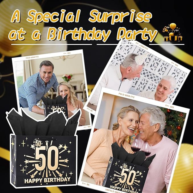 Bloomwords 50th Birthday Gift Bag Set with Card & Tissue – 13" Elegant Keepsake Party Bags for Unisex Anniversaries, Gift Wrapping & Celebrations
