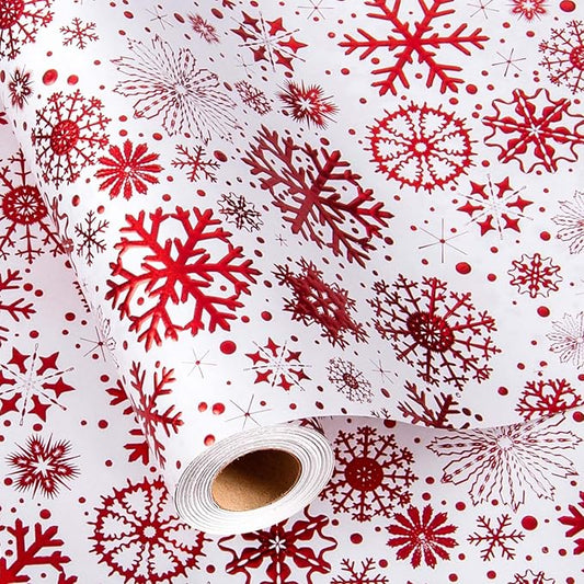 Flyhill Kraft Christmas Wrapping Paper,Red Snowflake Metallic Embossed Foil Luxury Gift Wrap Roll for Holiday, Party,Celebration, New Year (17 Inch X 32.8 Feet)