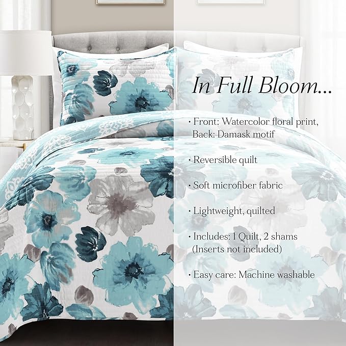 Lush Decor Leah Reversible Floral Quilt Set, 3 Piece Set, Full/ Queen, Blue - Watercolor Botanical - Cottage Core - French Country Decor- Bedding Queen Size