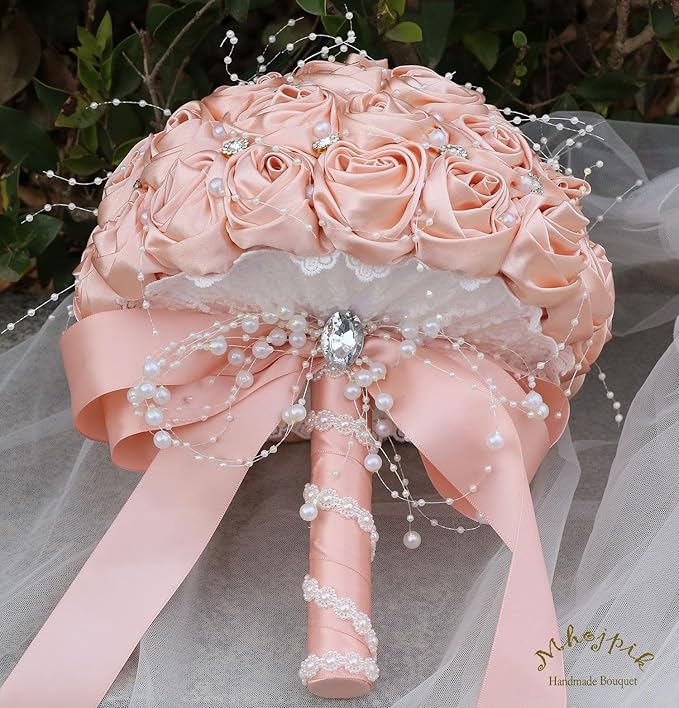 Bridal Wedding Bouquet Round Bling Brooch Bouquet Throw Toss Artificial Rose Flower Bunch for Bride Bridesmaid Wedding Quinceanera(Peach Pink, 6.3")