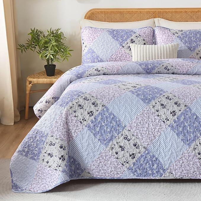 Dinjoy Floral Plaid Patchwork Quilt Set King Size, Reversible Lavender Bedding Set Soft Microfiber Lightweight Bedspread Coverlet 3 Piece Fall Autumn Summer Use (110x90 inches)