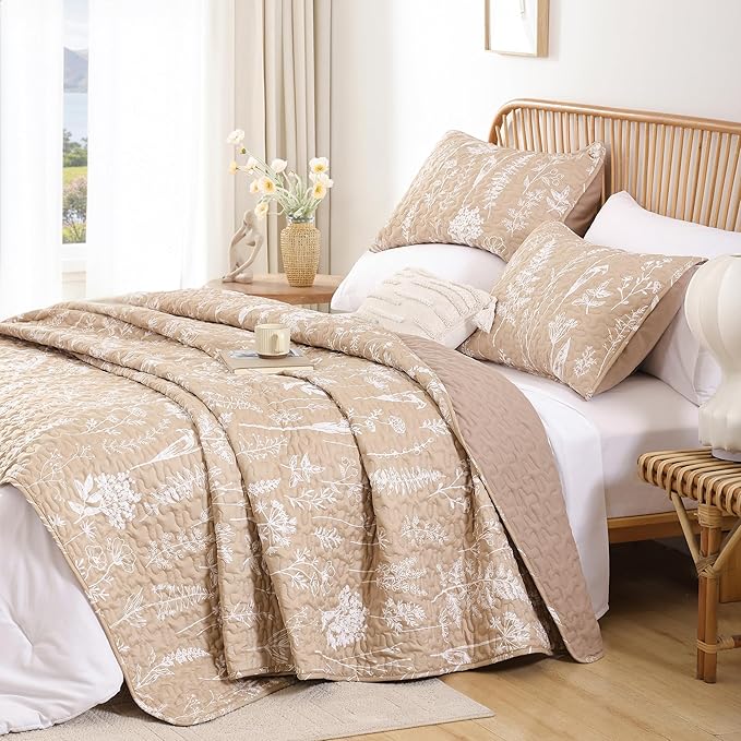 JANZAA Quilts Queen Size Taupe Quilt Botanical with Floral Pattern Microfiber Bedspreads Queen Size 3 Pieces Lightweight Comforter Reversible Bedding Set with 2 Pillow Cases
