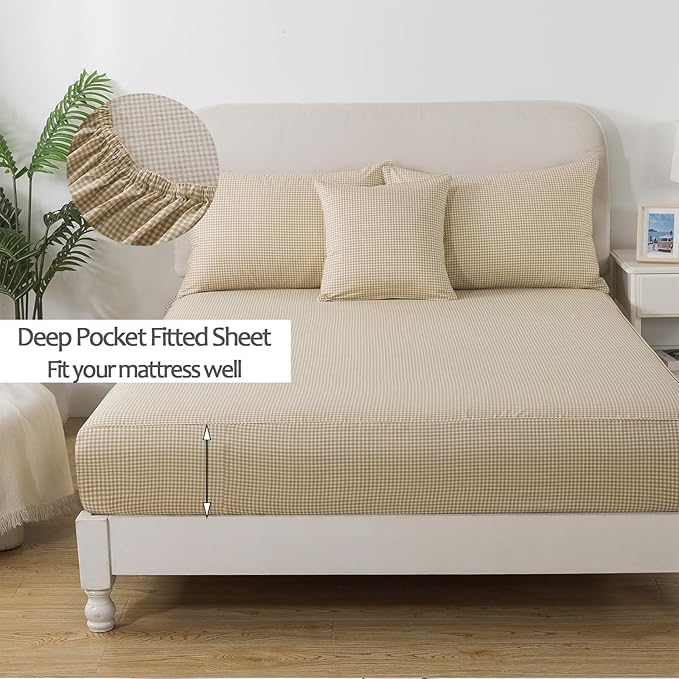 FADFAY Brown Plaid Full Size Sheets 100% Cotton Geometric Checker Bedding Teens Grid White Gingham Pattern College Bedding Deep Pocket Sheets with 2 Pillowcases Ultra Soft 4pcs, Full Size