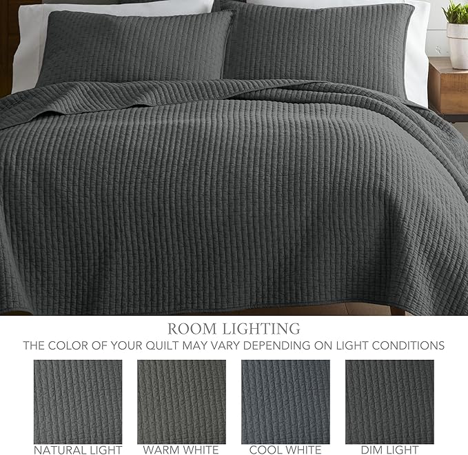 Levtex Home Cross Stitch Reversible Full/Queen Quilt Set (88x92in) with 2 Pillow Shams (26x20in) - Stitch Texture - Charcoal - Cotton Full/Queen Size Quilt Bedding Set - Lightweight, Soft, Pre-Washed