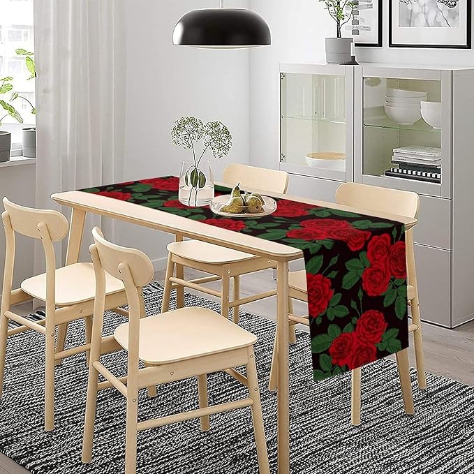 Red Rose Print Table Runner, Romantic Valentines Rose Summer Seasonal Dinner Runner Table Decoration for Home Kitchen Dining Holiday Wedding Party 13x120in