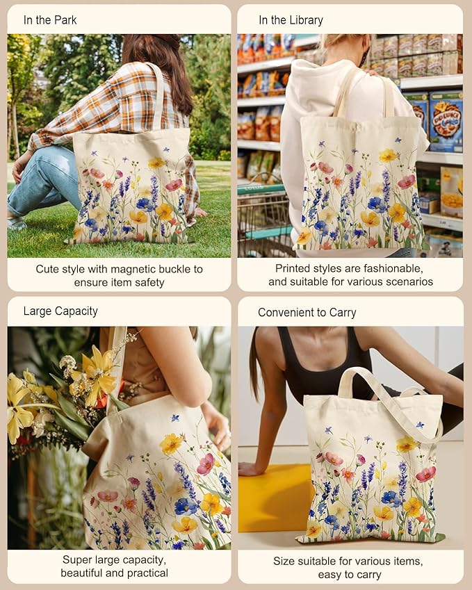 Aesthetic Tote Bag for Women- with Magnetic Buckle and Zipper Inner Pocket Cloth Cotton Canvas Tote Bags
