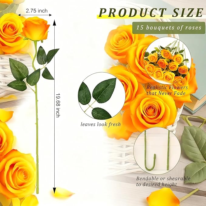Orange Roses Artificial Flowers 15 PCS, Fake Roses Silk Flowers with Long Stems, Faux Rose for Wedding Centerpieces, Home Decor, Indoor Floral Arrangements, Party Decor, DIY Bouquet (Orange)