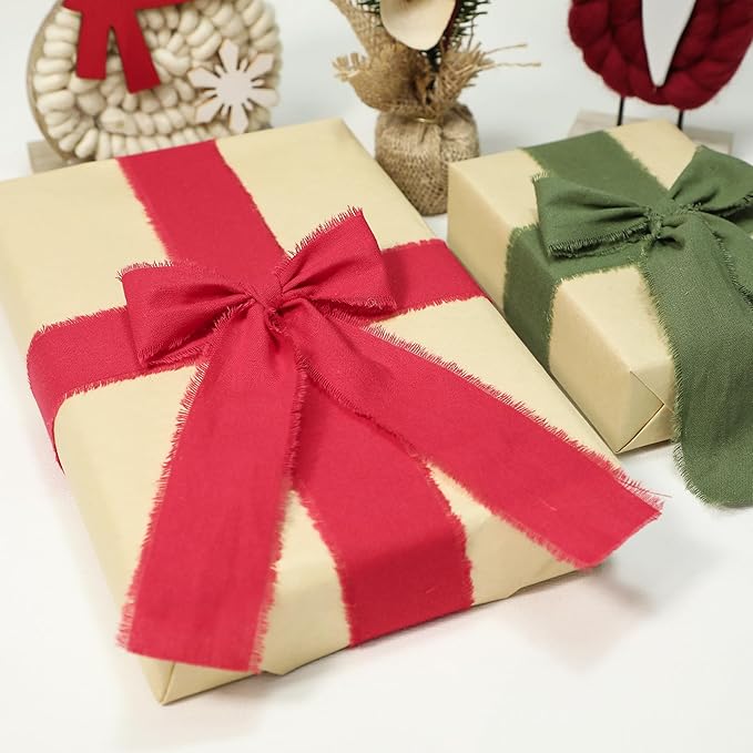 Red Christmas Ribbon 1-1/2 x 15 Yards Handmade Cotton Frayed Fringe Fabric Ribbons for Crafts Flower Bouquets Wedding Baby Shower Home DIY Decor