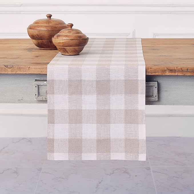 Solino Home Linen Checkered Table Runners 90 Inches Long - 100% Pure Linen Natural and White Buffalo Check Table Runner 14 x 90 Inch Ideal for Dining, Spring, Easter