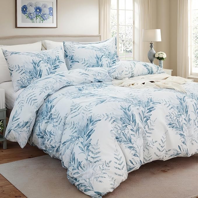 100% Cotton Duvet Cover King Size 3 Pieces, Blue Leaf Duvet Cover with Zipper Closure, Soft Floral Bedding Set White and Blue for All Season, Breathable, Ultra Soft