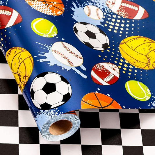 Burymento Ball Wrapping Paper, Reversible Checkerboard Grid Gift Wrap for Birthday, Valentines, Mothers day, Graduation, Wedding, Fathers day, Baby Shower, Christmas (17in x 16.4ft)