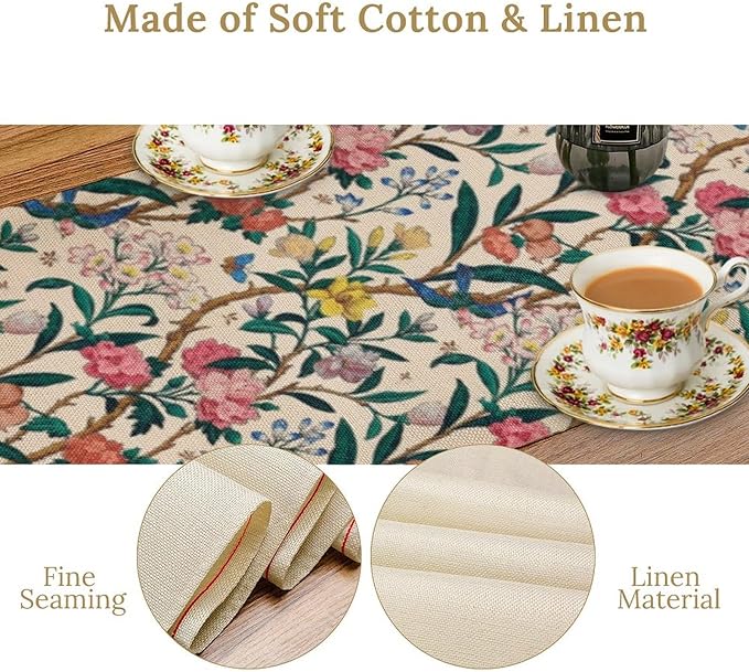 William Morris Vintage Floral Table Runner, Birds Butterflies and Bees Botanical Flower Original Design Print Table Runner for Home Party Dining Room Kitchen Decor 13x36 Inch