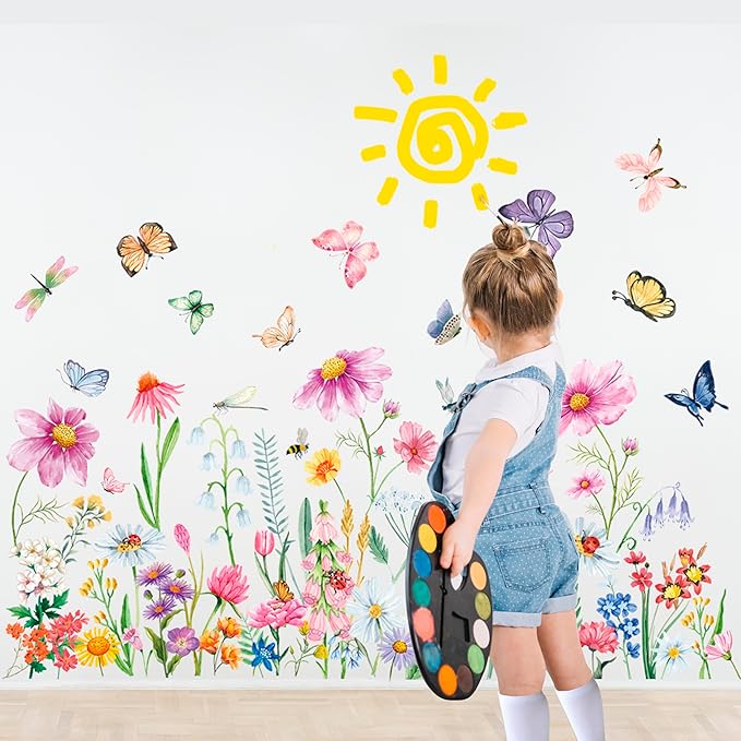 9 Pcs Flowers Wall Decals Peel and Stick, Colorful Wildflower Dragonflies Floral Wall Stickers for Living Room Bedroom Baby Nursery