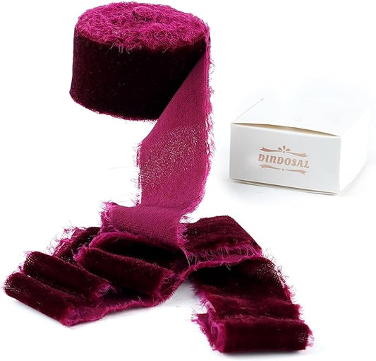 Burgundy Velvet Ribbon 1.5 Inch Maroon Frayed Silk Velvet Ribbon Burgundy Christmas Velvet for Gift, Raw Edge Boho Stylel for Wedding Invitation Bridal Bouquet -3yards