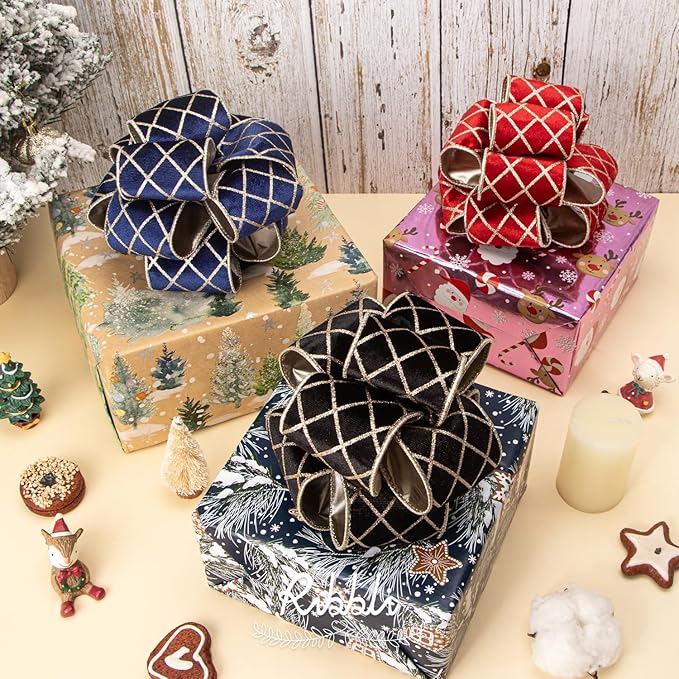 Ribbli Black Velvet Ribbon Wired with Glitter Diamond Grid 2-1/2 Inch Christmas Ribbon for Christmas Tree Decoration Big Bow Gift Wrapping Crafts Wreaths Garland Supplies - 10 Yards