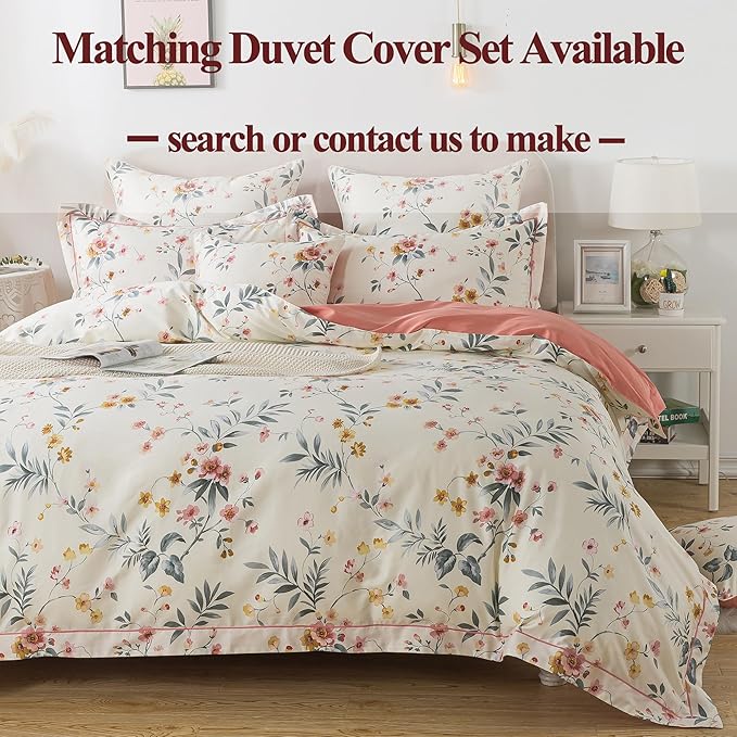 FADFAY Floral Sheets Set Twin Vintage Pink Floral Bedding Shabby Beige Elegant Botanical Sheets Rustic Farmhouse Bedding 800 Thread Count 100% Egyptian Cotton Deep Pocket Fitted Sheet 4Pcs, Twin Size