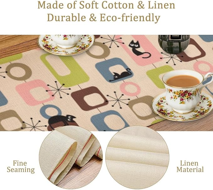 Mid Century Modern Black Cat Table Runner,Table Runners for Kitchen Dining Modern Tables Decor Decoration for Kitchen Family Dinner Table Holiday Party Farmhouse 13 x 36 Inch Pink