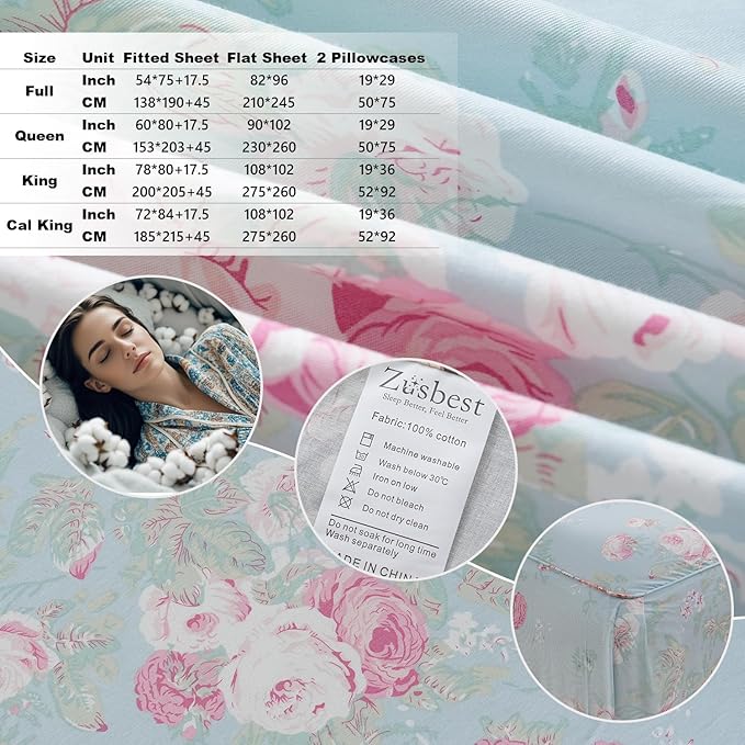 Zusbest Blue Floral Sheets Set Queen Size 100% Cotton Pink Flowers Bed Sheet Shabby Vintage Chic Bedding Romantic Pastoral Style Original Design Soft Luxury Deep Pocket Fitted Sheet 17.5'', 4 Pcs