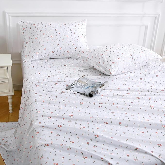 Softan Pink Floral Queen Sheet Set Flower Bed Sheets Queen Size - 4 Piece Microfiber Patterned Fitted Bed Sheets with 15" Deep Pocket, Cozy Cute Pink Flower Sheets and Pillowcase Set