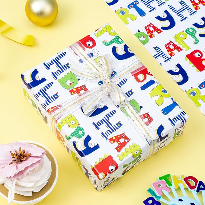 WRAPAHOLIC Birthday Wrapping Paper Sheet - 6 Sheets Balloon and Happy Bday Lettering Design Folded Flat for Birthday, Party, Baby Showers - 19.7 Inch X 27.5 Inch Per Sheet