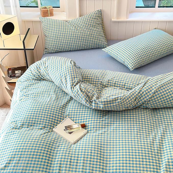 LifeTB Queen Comforter Set Blue Yellow Gingham Comforter with 2 Pillowcases Modern Style Geometric Plaid Comforter 3 Pieces Farmhouse Gingham Bedding Set Fluffy Grid Checkered Comforter Set