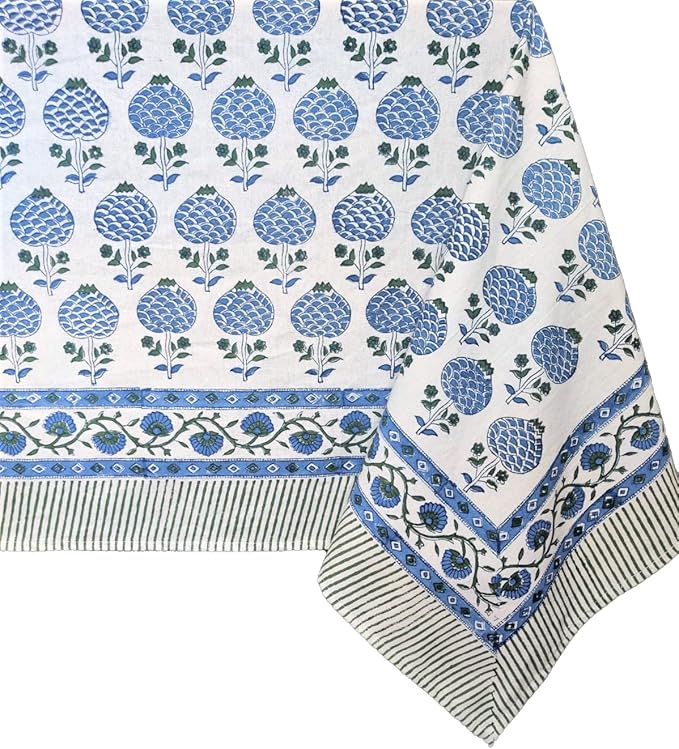 ATOSII Roma Blue 100% Cotton Boho Square Fall Tablecloth, Handblock Floral Print Table Cloth Linen for Kitchen Dining I Parties, Outdoors, Weddings, Christmas, Thanksgiving Decor 60 X 60 Inches