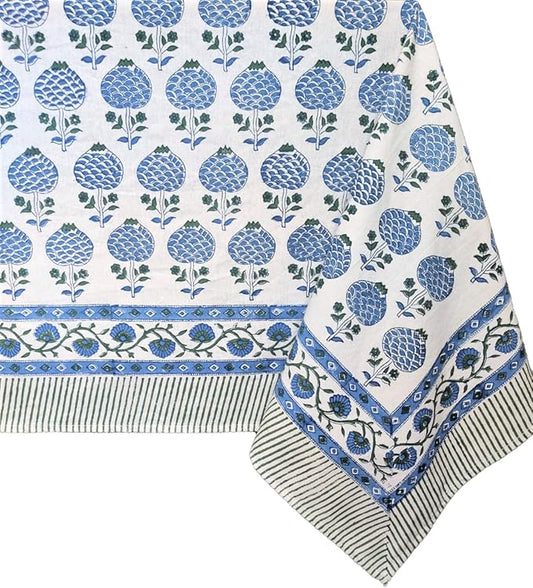 ATOSII Roma Blue 100% Cotton Boho Square Fall Tablecloth, Handblock Floral Print Table Cloth Linen for Kitchen Dining I Parties, Outdoors, Weddings, Christmas, Thanksgiving Decor 60 X 60 Inches