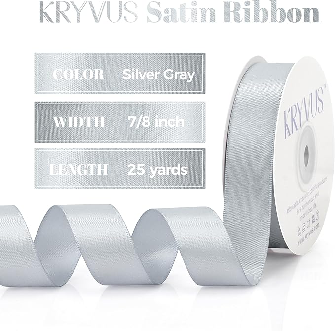 Silver Gray Satin Ribbon, Double Faced 7/8 Inch X 25 Yards Silver Gray Ribbon, Premium Satin Ribbon for Gift Wrapping, Crafts, Hair Bow Making, Sewing, Flower Bouquet, Wedding Party Decor
