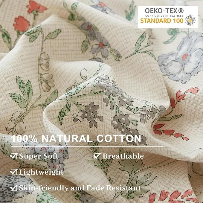 EAVD Vintage Garden Floral Duvet Cover King Soft 100% Cotton Chic Spring Leaves Floral Bedding Set with 2 Pillowcases Fresh Reversible Botanical Comforter Cover with Zipper Closure
