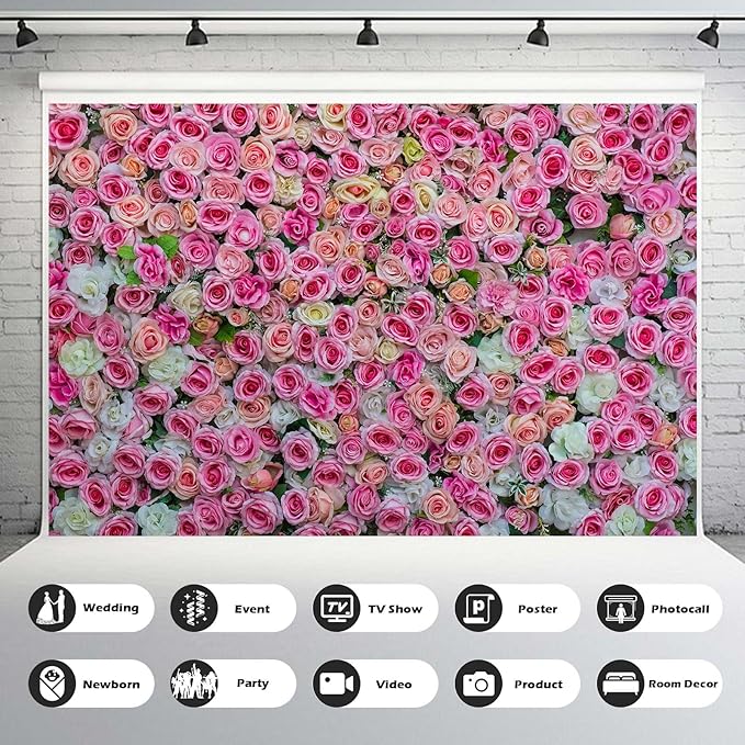 Pink Rose Flowers Theme Photography Backdrop Baby Shower Wedding Happy Birthday Photo Background Dessert Cake Table Floral Decoration Supplies Studio Props Decor Background 9x6ft