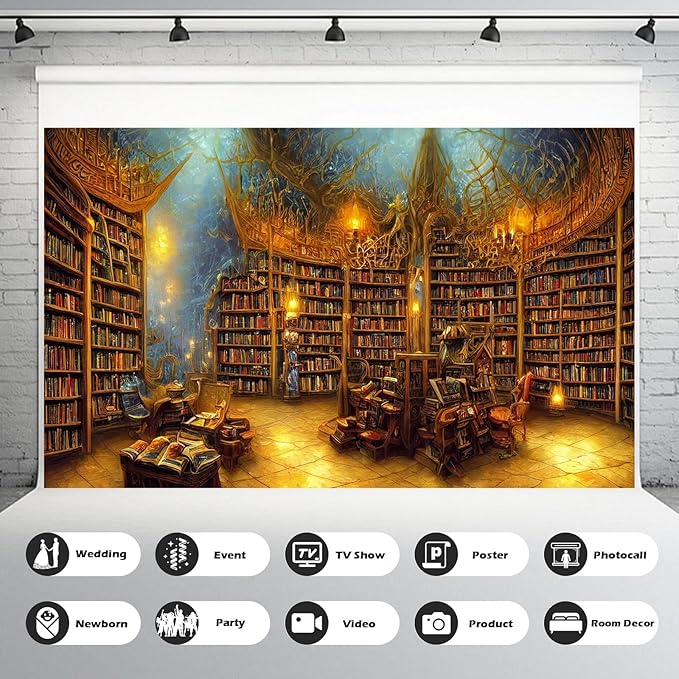 Medieval Fairytale Library Backdrop Vintage Bookshelf Backgrounds Cozy Bookcase Old-Fashioned Library Room Magical Books Photography Background Magic Books Theme Party Decorations Props 12x8ft