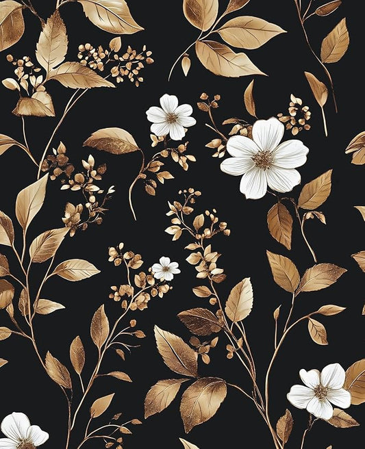 Vintage Black Peel and Stick Wallpaper – Black and Gold Floral Leaf Design Dark Metallic Self-Adhesive Vinyl Contact Paper for Bedroom, Cabinet, Drawer, Shelf Removable Wall Paper 17.5" x 118"