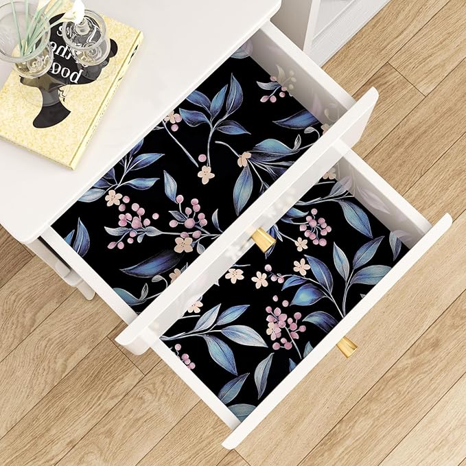 Dark Peel and Stick Wallpaper Vintage, Black Blue Leaf Removable Self-Adhesive Vinyl Contact Paper for Bathroom Bedroom Drawer Cabinet, Black Navy Gold Floral Design Retro Style 17.5" x 118"