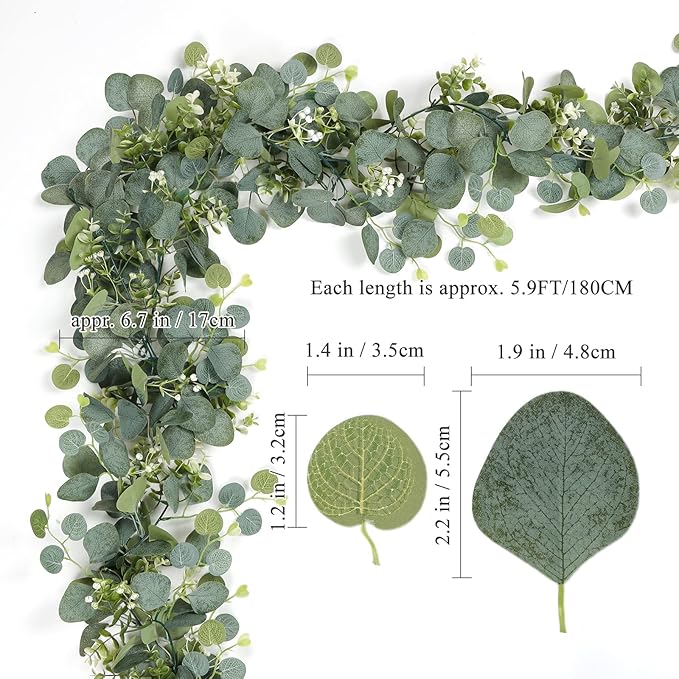 TOCHGREEN 2 PCS Artificial Eucalyptus Garland 5.9FT Faux Silver Dollar Greenery Garland Vines with White Flower Boxwood Fake Hanging Plants for Wedding Home Party Table Mantle Wall Decor